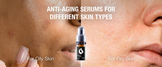 Anti-aging skincare serum comparison for oily vs dry skin types showing best anti-aging serum for wrinkles with dermatologist recommended results