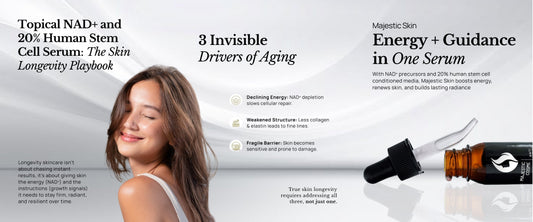 Majestic Skin serum with NAD⁺ precursors and 20% stem cell media for energy, repair, and skin longevity.