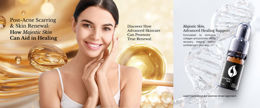 Diagram showing how Majestic Skin's growth factors rebuild collagen to heal an atrophic acne scar from within the skin's dermal layer.