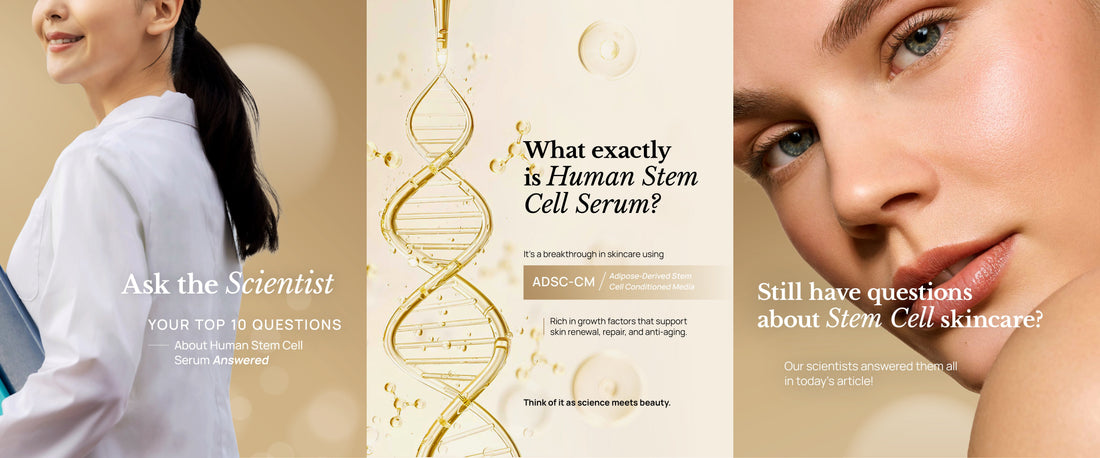 A bottle of Majestic Skin's Human Stem Cell Serum next to a laboratory beaker on a clean, white background.
