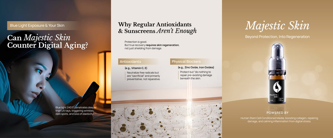 Close-up shot of the Majestic Skin anti-aging serum's luxurious texture on a dark surface, with a soft blue light glow reflecting on the glass.