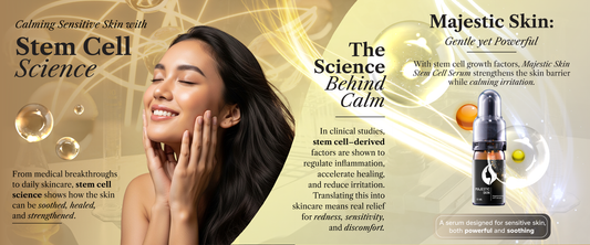 Woman with calm, glowing skin applying Majestic Skin human stem cell serum for sensitive skin inflammation relief
