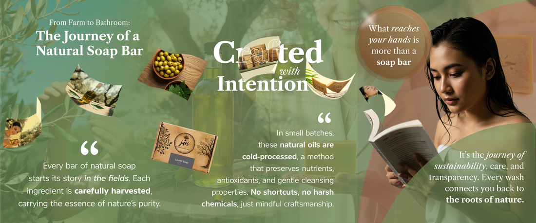 A collection of artisanal natural soap bars made with organic olive oil and laurel, showcasing clean, sustainable skincare ingredients.
