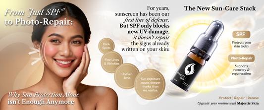 Modern sun-care stack showing AM SPF protection and PM photo-repair routine with Majestic Skin serum for photoaging treatment