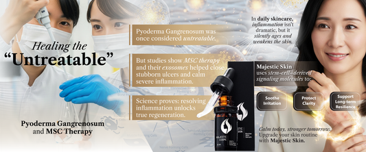 Human stem cell serum bottles with scientific molecular structures showing MSC exosome therapy for wound healing and anti-aging skincare
