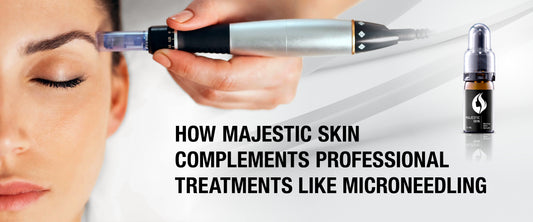 Majestic Skin anti-aging serum bottle with a blurred background of healthy, glowing skin, representing its use in clinical-level skin treatment aftercare for enhanced collagen production.