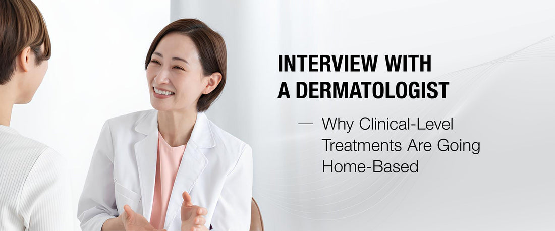 Woman applying anti-aging serum at home with LED mask in background