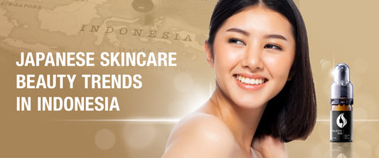 Display of Japanese skincare products including stem cell face serum and collagen production serum