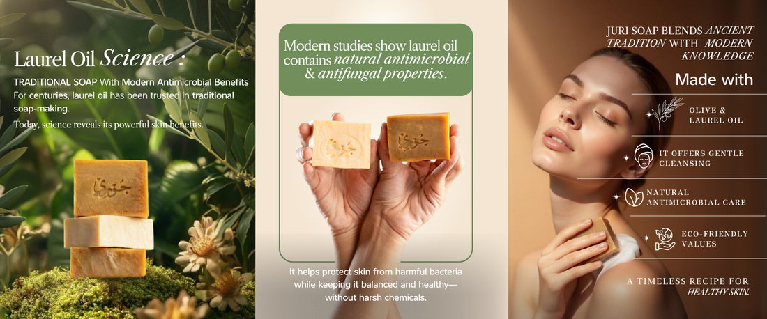 Traditional laurel oil soap with olive oil showing natural green color and antimicrobial cleansing benefits for daily skincare routine