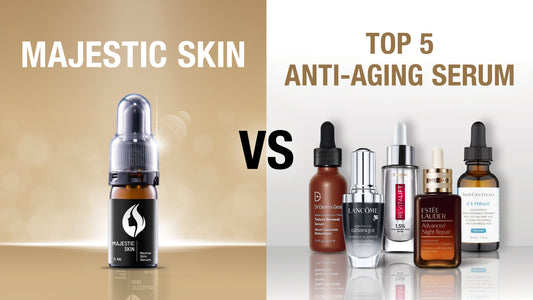 Comparison image showing Majestic Skin’s human stem cell skincare serum versus five top anti-aging serums, highlighting the unique clinical-level benefits of stem cell technology.
