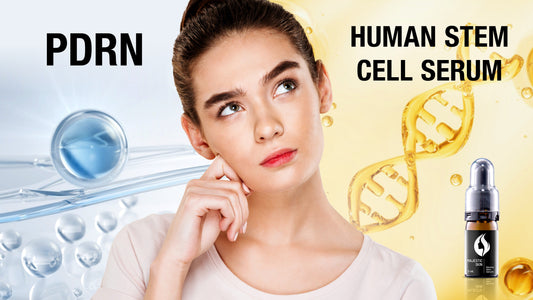 Side-by-side comparison of PDRN serum and human stem cell serum in skincare application and anti-aging benefits.