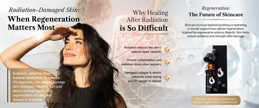 Mesenchymal stem cells repairing radiation-damaged skin tissue with Majestic Skin serum bottle showing regenerative skincare technology