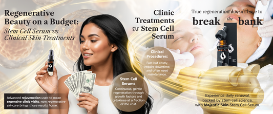 Comparison of clinical skin treatments versus Majestic Skin human stem cell serum showing cost and downtime differences for anti-aging results