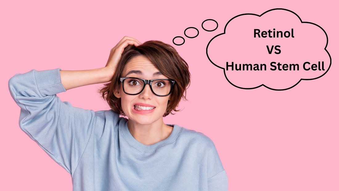 Side-by-side comparison of retinol and human stem cell serum skincare routines, highlighting scientific benefits of each