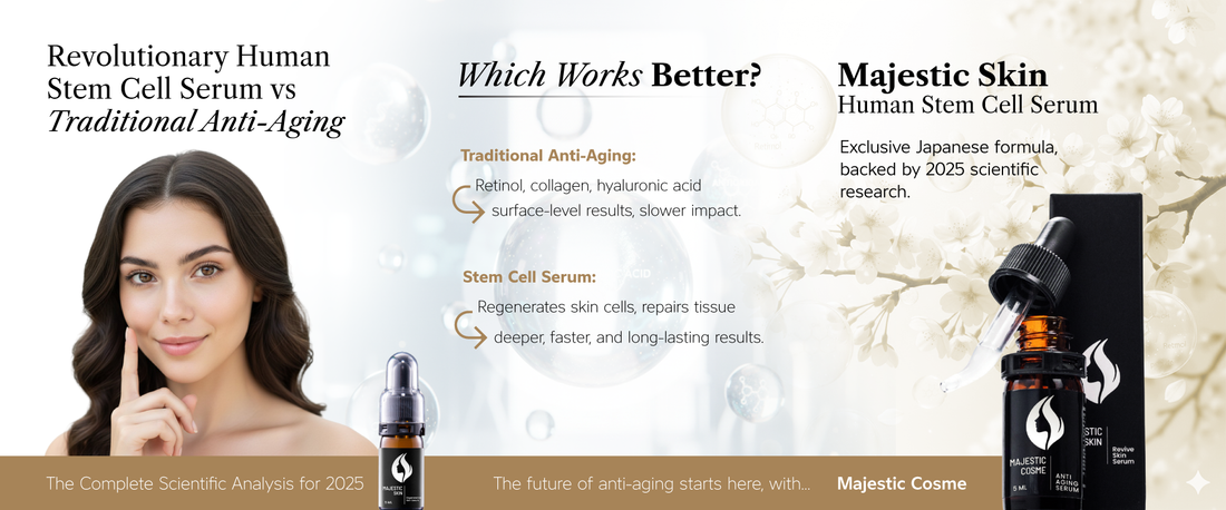 Human stem cell serum cellular regeneration comparison with traditional anti-aging skincare treatments scientific analysis by Majestic Cosme