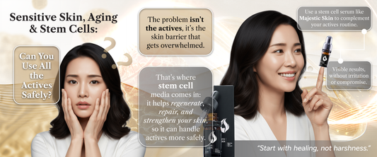 Woman with sensitive skin applying human stem cell serum from Majestic Skin for gentle anti-aging treatment without irritation