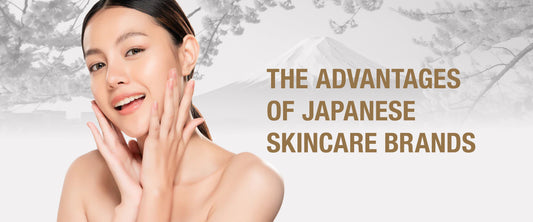 A flat-lay of Japanese skincare products and serum bottles, representing tradition, technology, and natural beauty