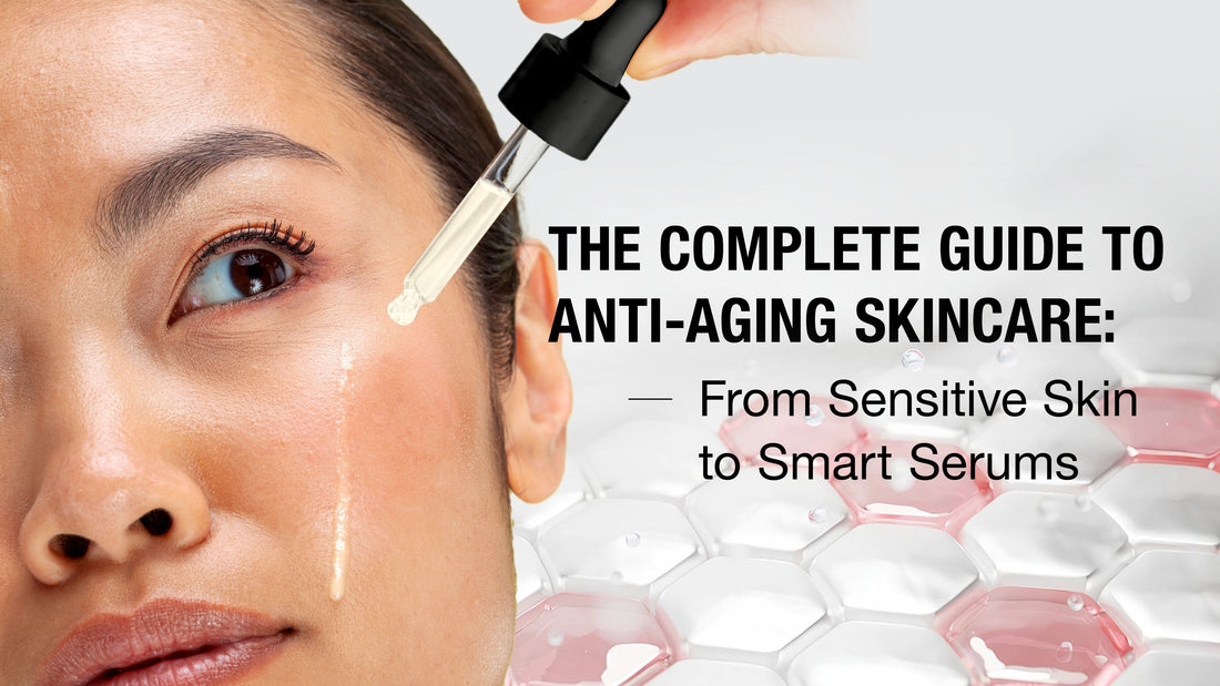 Graphic showing anti-aging skincare for different skin types and how human stem cell serum supports collagen and renewal in aging skin.