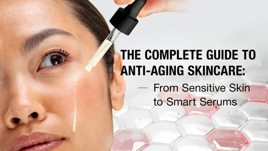 Graphic showing anti-aging skincare for different skin types and how human stem cell serum supports collagen and renewal in aging skin.