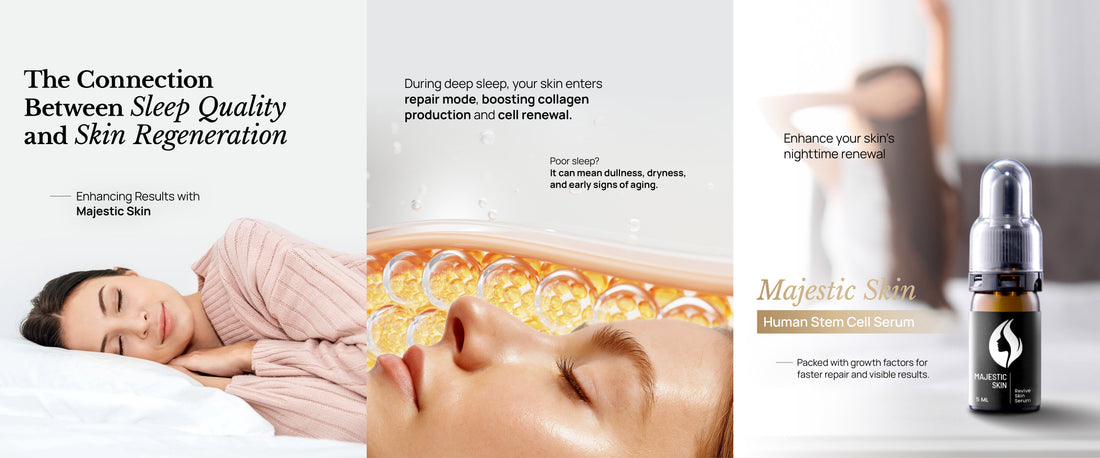 The Majestic Skin human stem cell serum bottle on a nightstand next to a model sleeping peacefully in a luxurious bed.
