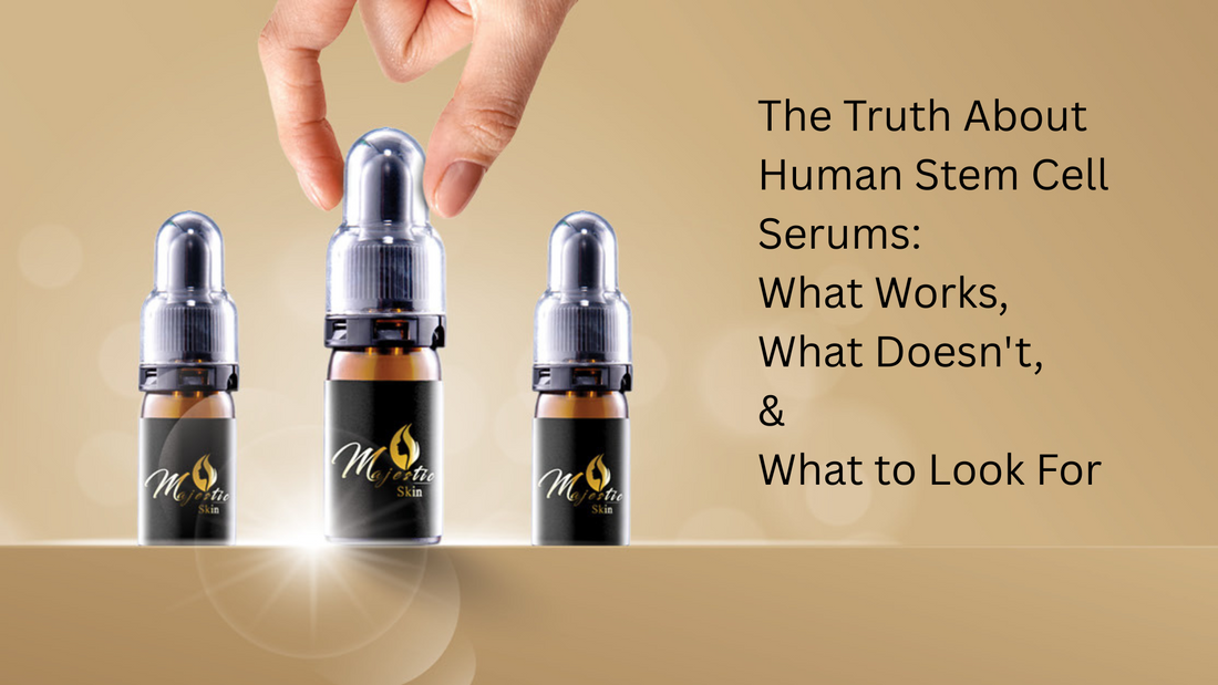 A clean glass dropper releasing Majestic Skin human stem cell serum onto glowing skin, symbolizing clinical precision and luxury.