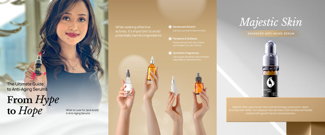 Scientific illustration showing proteins and growth factors in Majestic Cosme's human stem cell serum, representing advanced Japanese skincare technology.