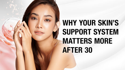 Illustration showing collagen fibers weakening with age and regenerating after applying human stem cell serum, representing skin’s structural renewal.