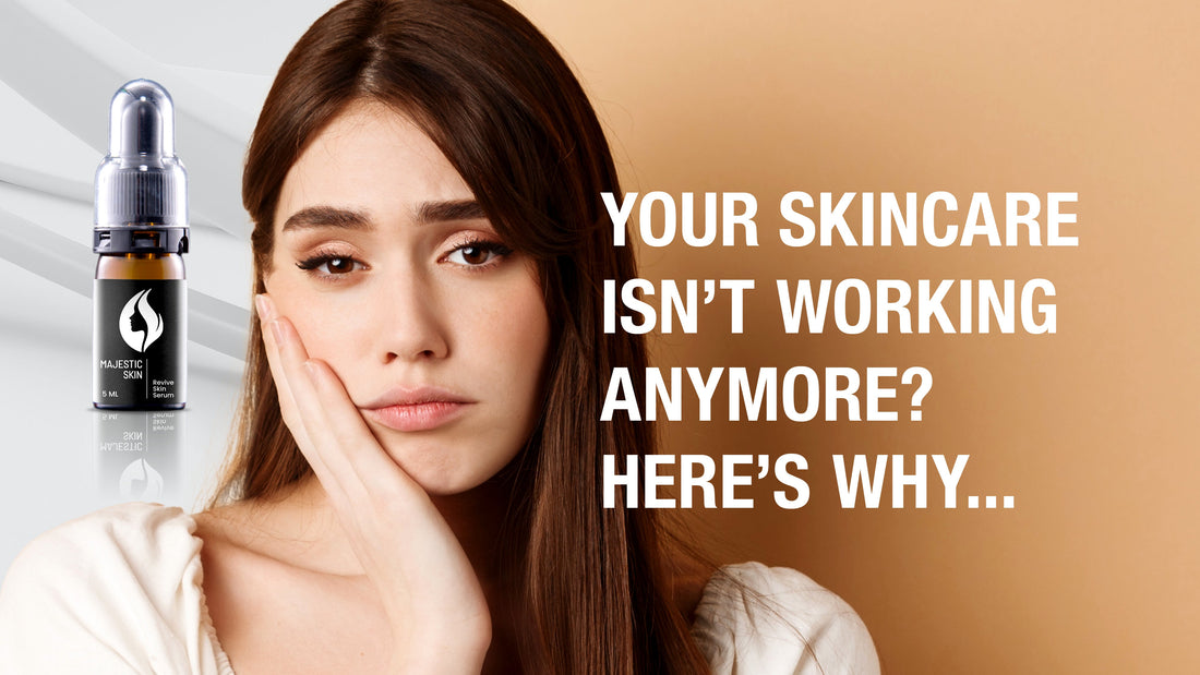 Visual concept of skincare no longer working on aging skin, highlighting the need for clinical-level Japanese anti-aging serum with human stem cell technology like Majestic Skin.