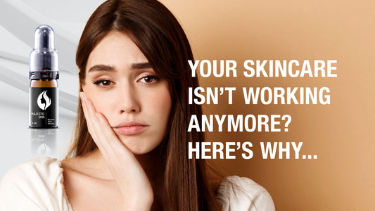 Visual concept of skincare no longer working on aging skin, highlighting the need for clinical-level Japanese anti-aging serum with human stem cell technology like Majestic Skin.