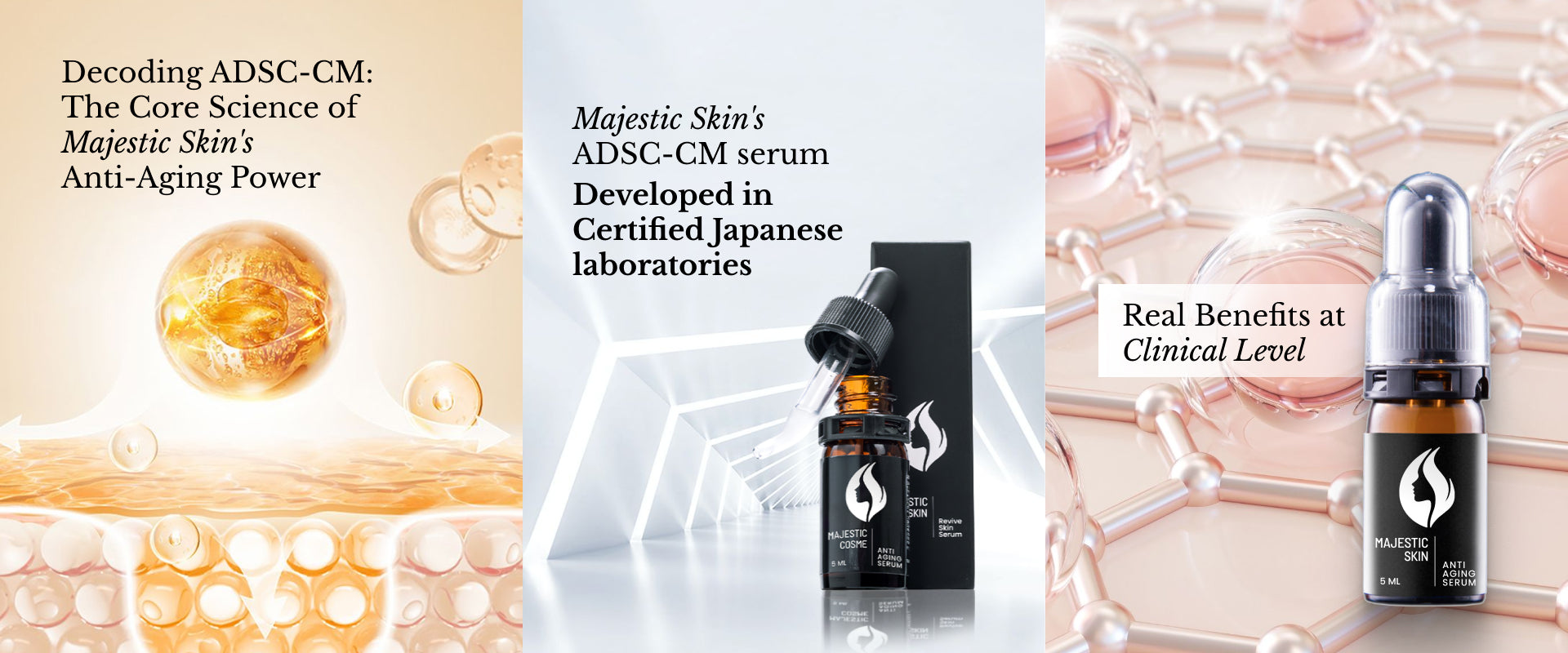 Japanese stem cell technology serum for wrinkle reduction serum. An image showing the science behind Majestic Skin’s ADSC-CM, the product bottle, and a person holding the bottle, highlighting clinical-level results.