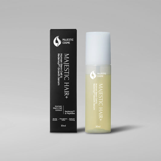 Stem cell hair regrowth serum Majestic Hair+ in packaging, promoting thicker and stronger hair.