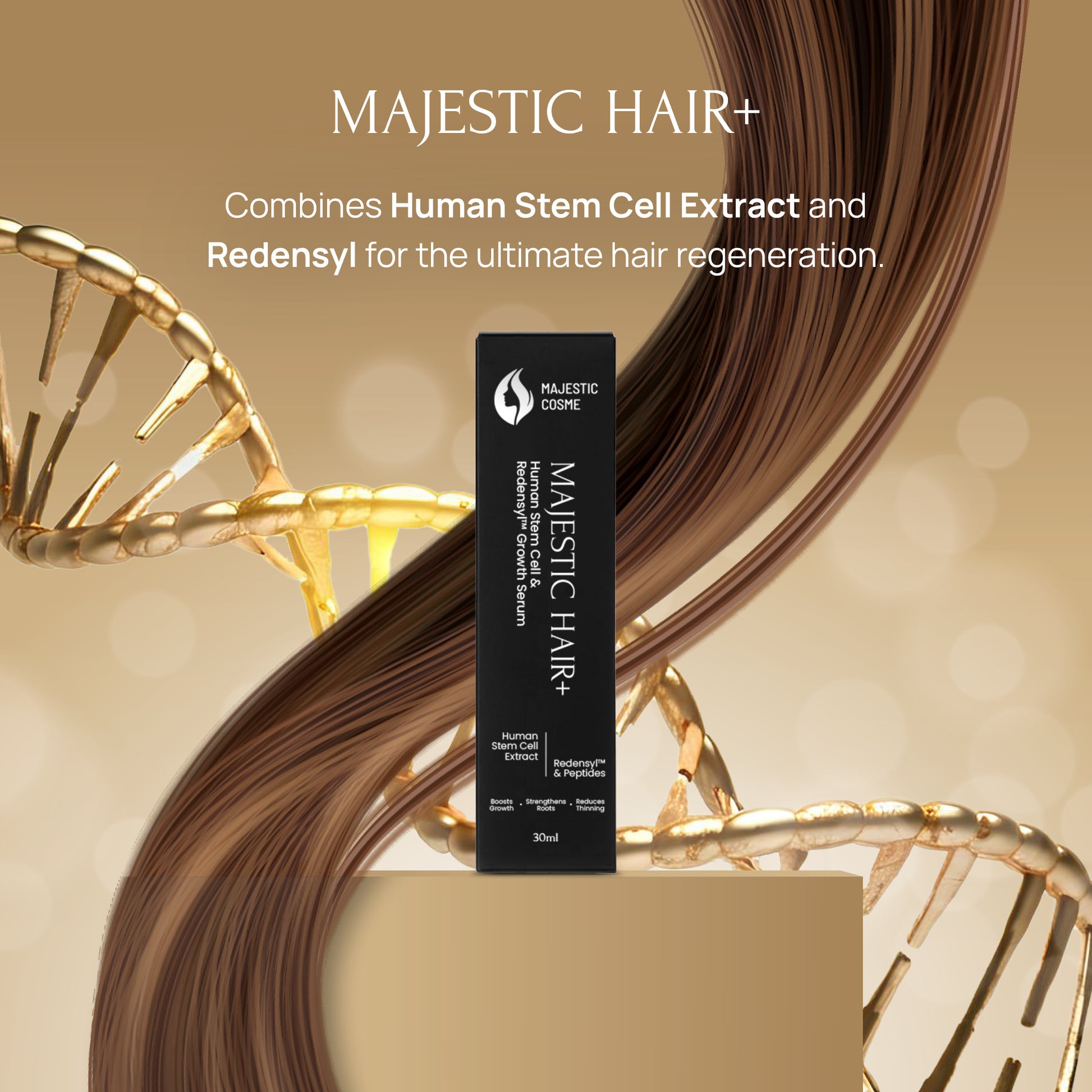 Stem cell hair regrowth serum Majestic Hair+ with Human Stem Cell Extract for thicker hair.