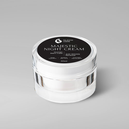 Majestic Night Cream showcasing Japanese stem cell technology in a 50ml jar for anti-wrinkle skin treatment.