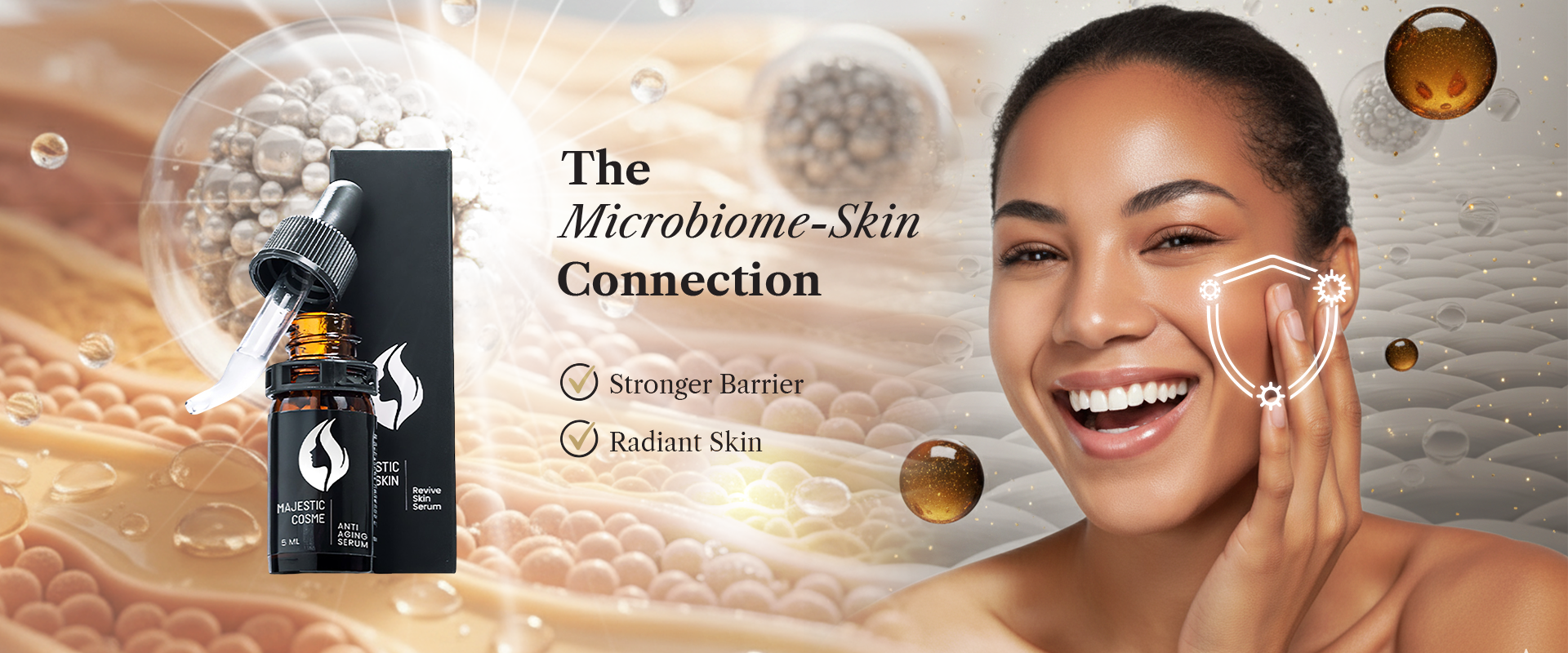 Majestic Skin stem cell face serum banner showing a radiant model and the product, highlighting its role as an anti-aging skincare serum that strengthens the skin's microbiome for a glowing complexion.