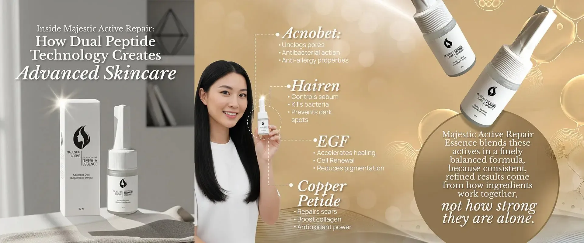 Majestic Active Repair Essence advanced skincare with four peptide ingredients working in synergy for regenerative skincare results