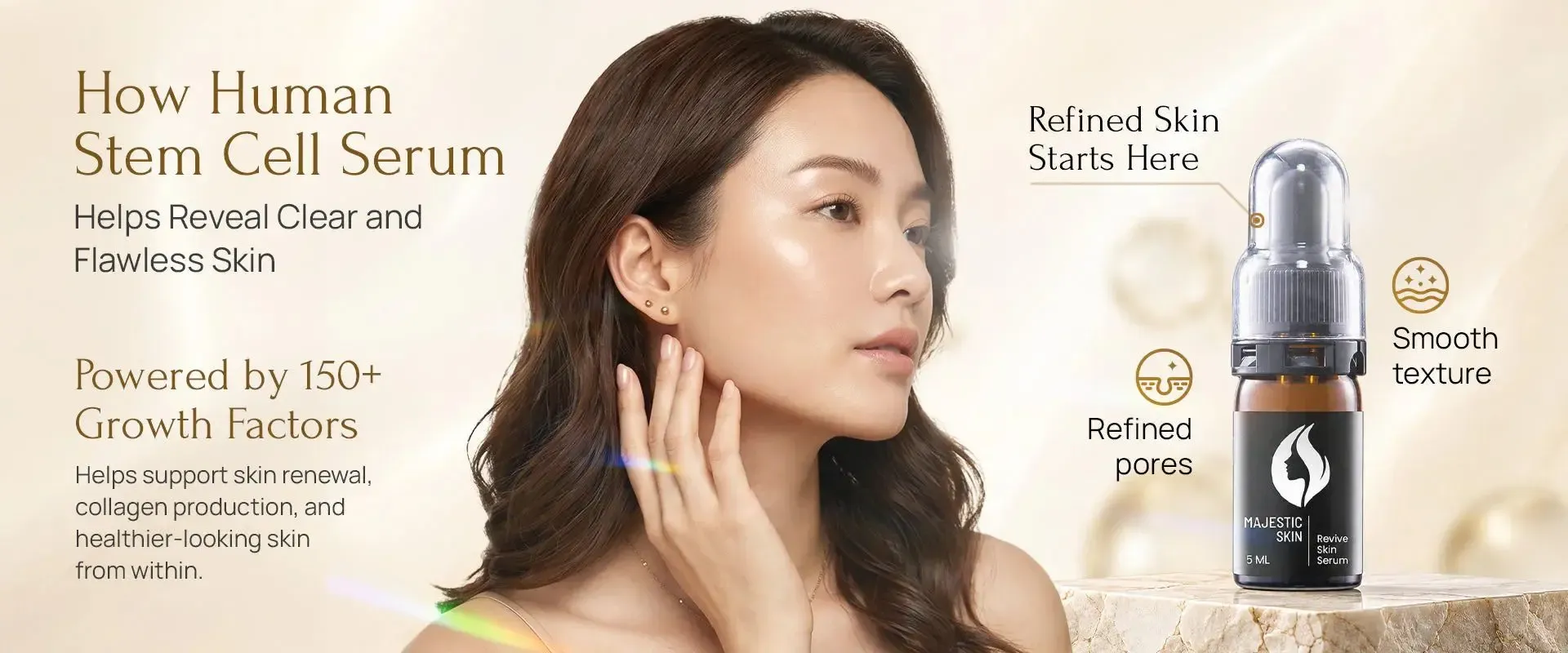 Majestic Skin human stem cell serum achieving clear and flawless skin by reducing acne scars, uneven texture, and visible pores with 150+ growth factors