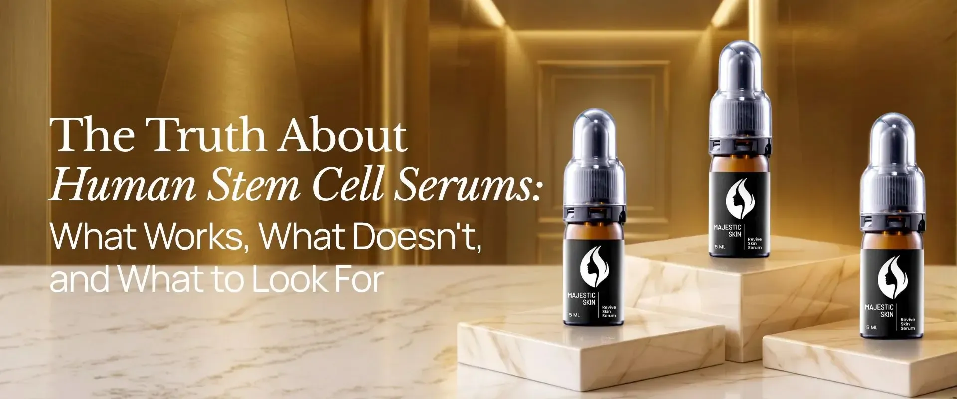 A clean glass dropper releasing Majestic Skin human stem cell serum onto glowing skin, symbolizing clinical precision and luxury.