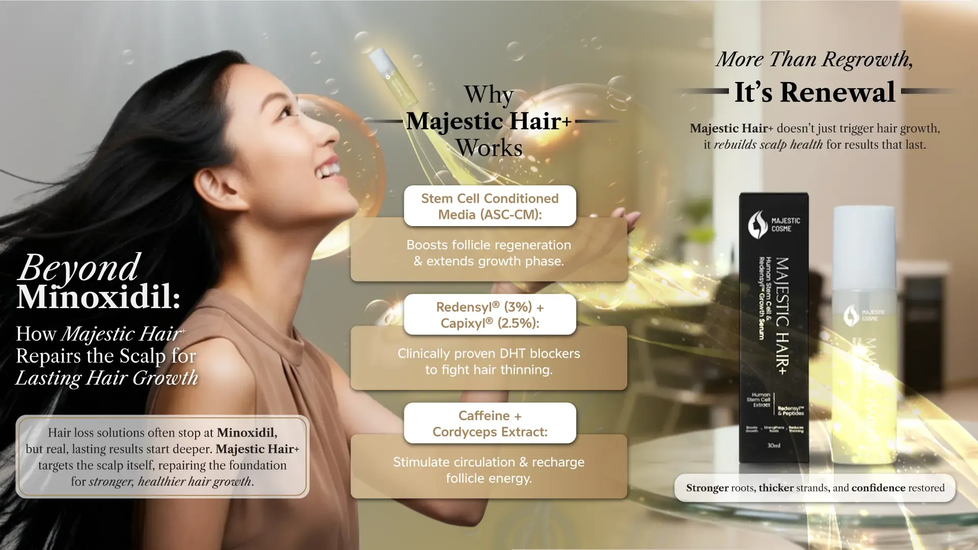 Majestic Hair+ stem cell hair serum bottle designed for scalp repair and natural hair regrowth without Minoxidil