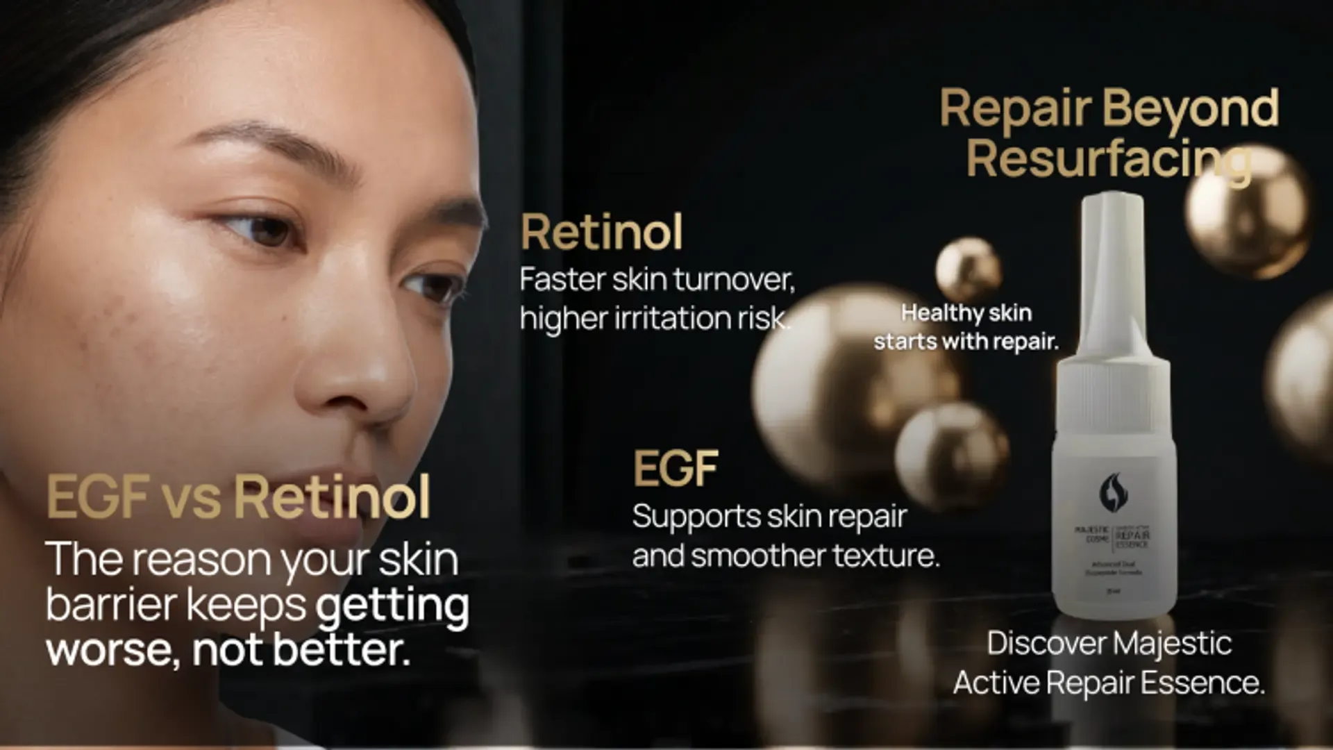 EGF vs retinol comparison for skin barrier repair — Majestic Active Repair Essence regenerative skincare from Japan with EGF growth factor and biopeptide technology