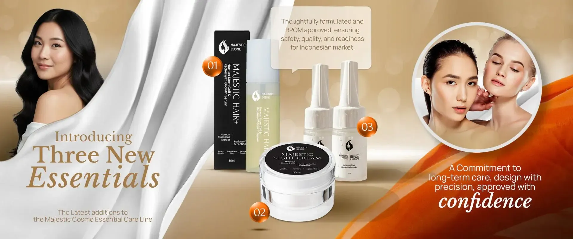 Three new Majestic Cosme Essential Care Line products with BPOM approval: Active Repair Essence for barrier restoration, Hair+ for scalp health, and Night Cream for overnight regeneration