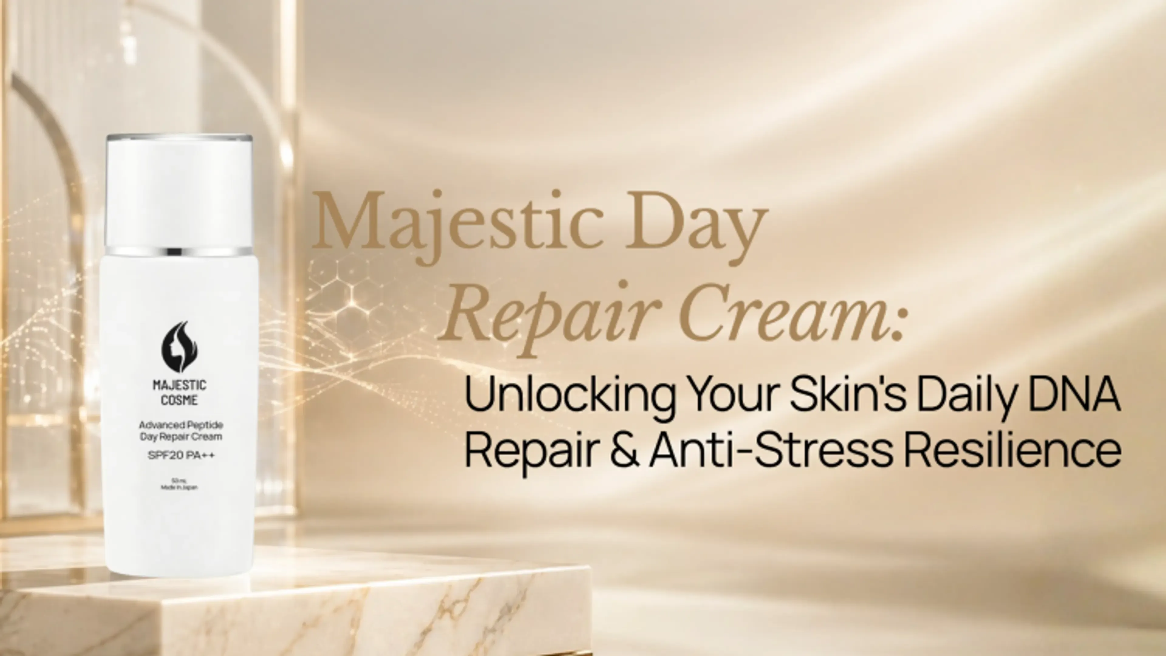 Majestic Day Repair Cream with Japanese Mineral UV-Cut SPF20 PA++, Heat Shock Protein DNA repair skincare, and Anti-Stress Peptide technology for daily resilient skin