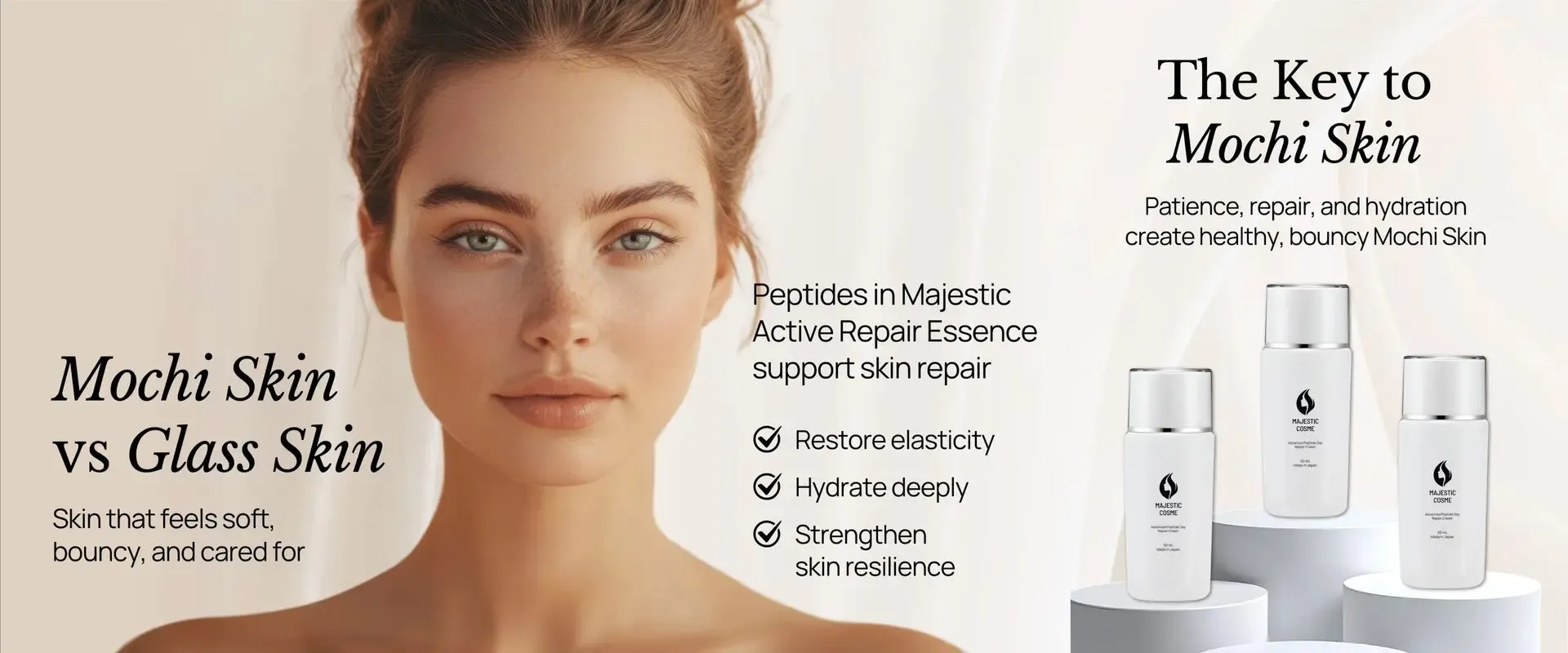 Mochi skin treatment comparison showing soft bouncy texture versus glass skin reflective finish with Majestic Day Repair peptide skincare from Japan