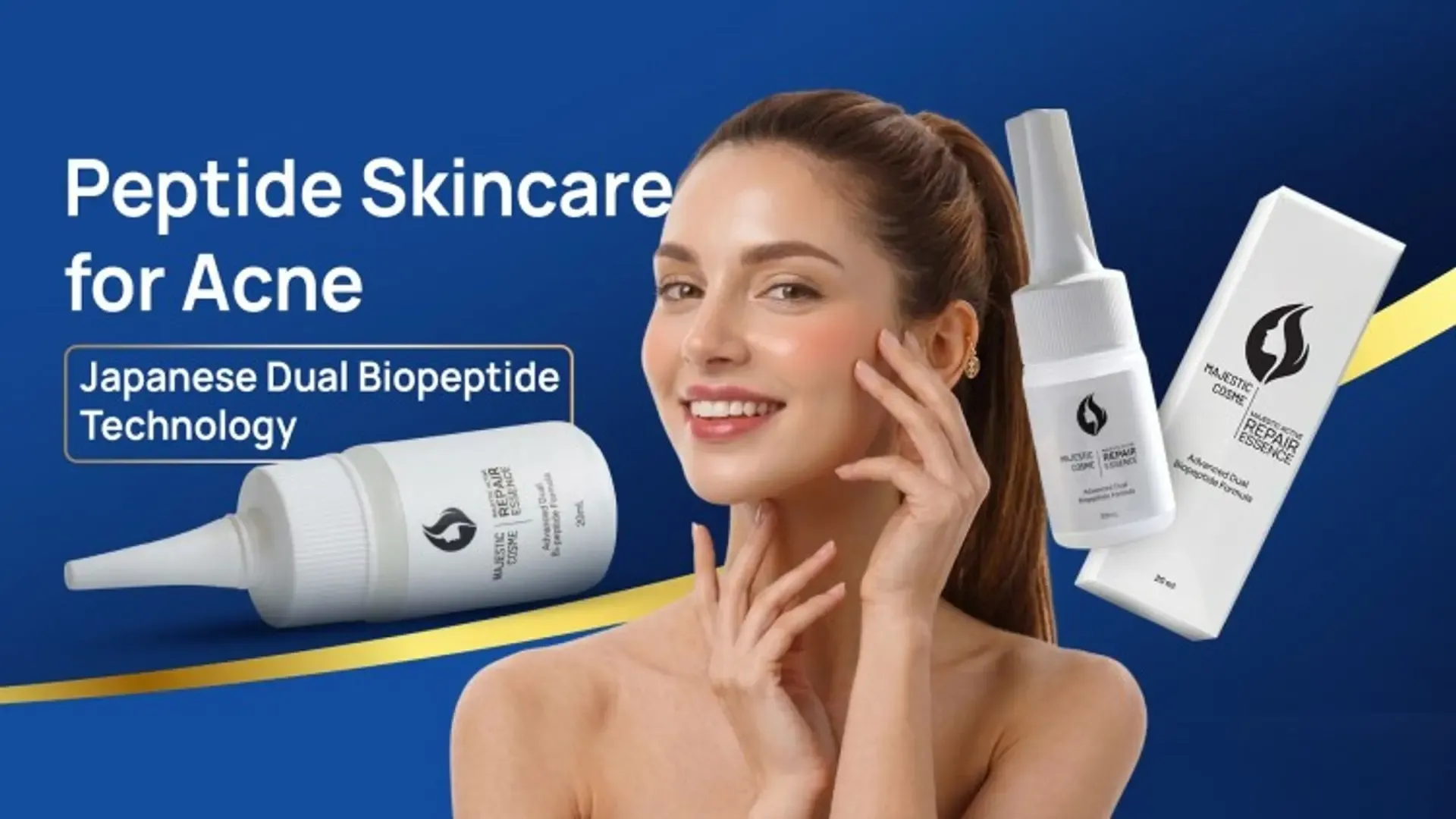 Japanese peptide skincare serum for acne treatment showing dual biopeptide complex molecular structure with clear skin results
