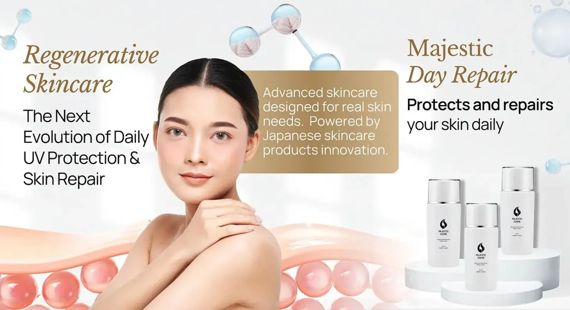 Majestic Day Repair regenerative skincare with peptide technology and mineral UV protection from Japan for daily skin repair and Mochi skin texture