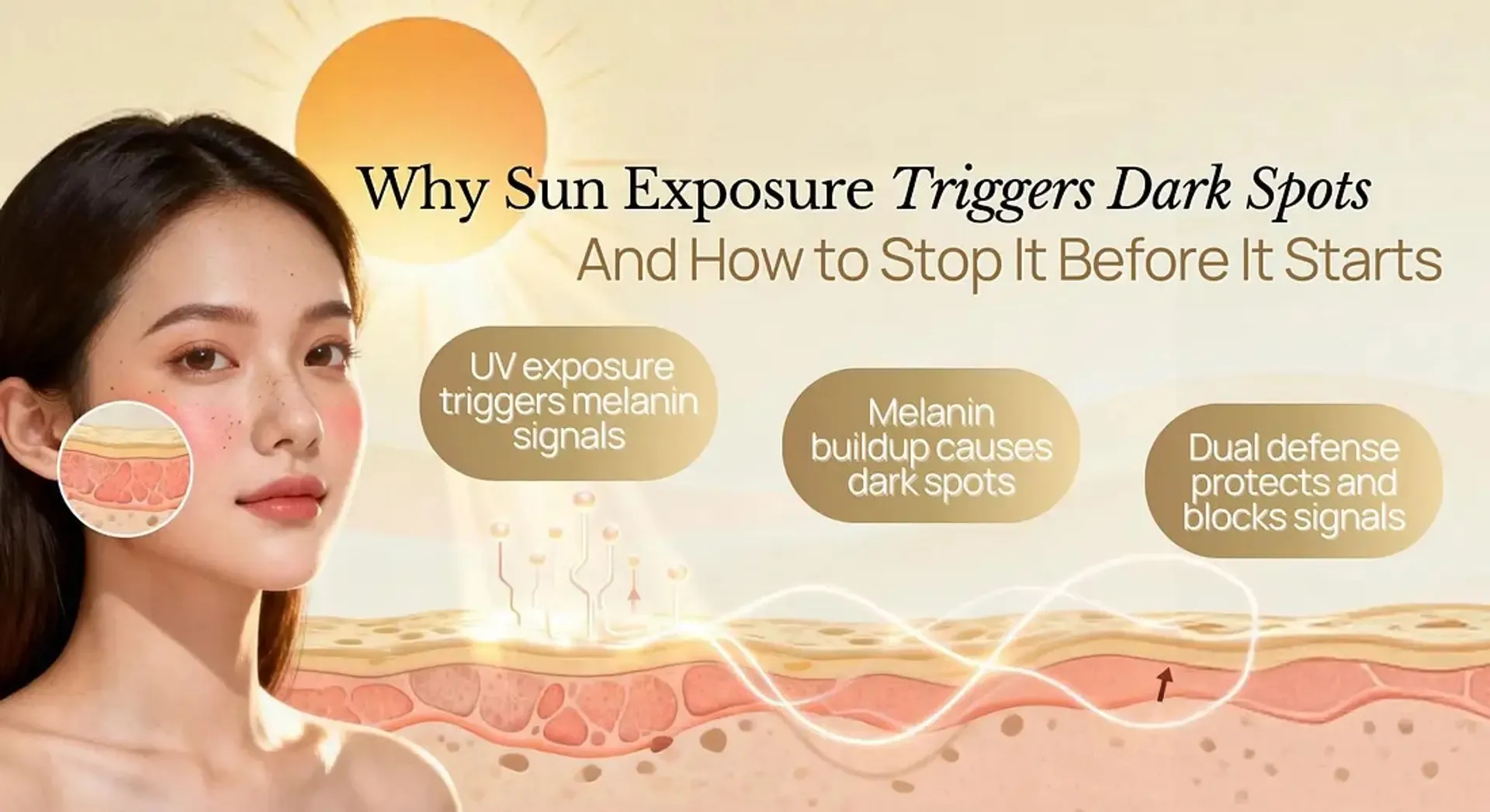 Majestic Day Repair Signal Block Technology peptide formula intercepting alpha-MSH melanin signals for advanced skincare dark spot prevention