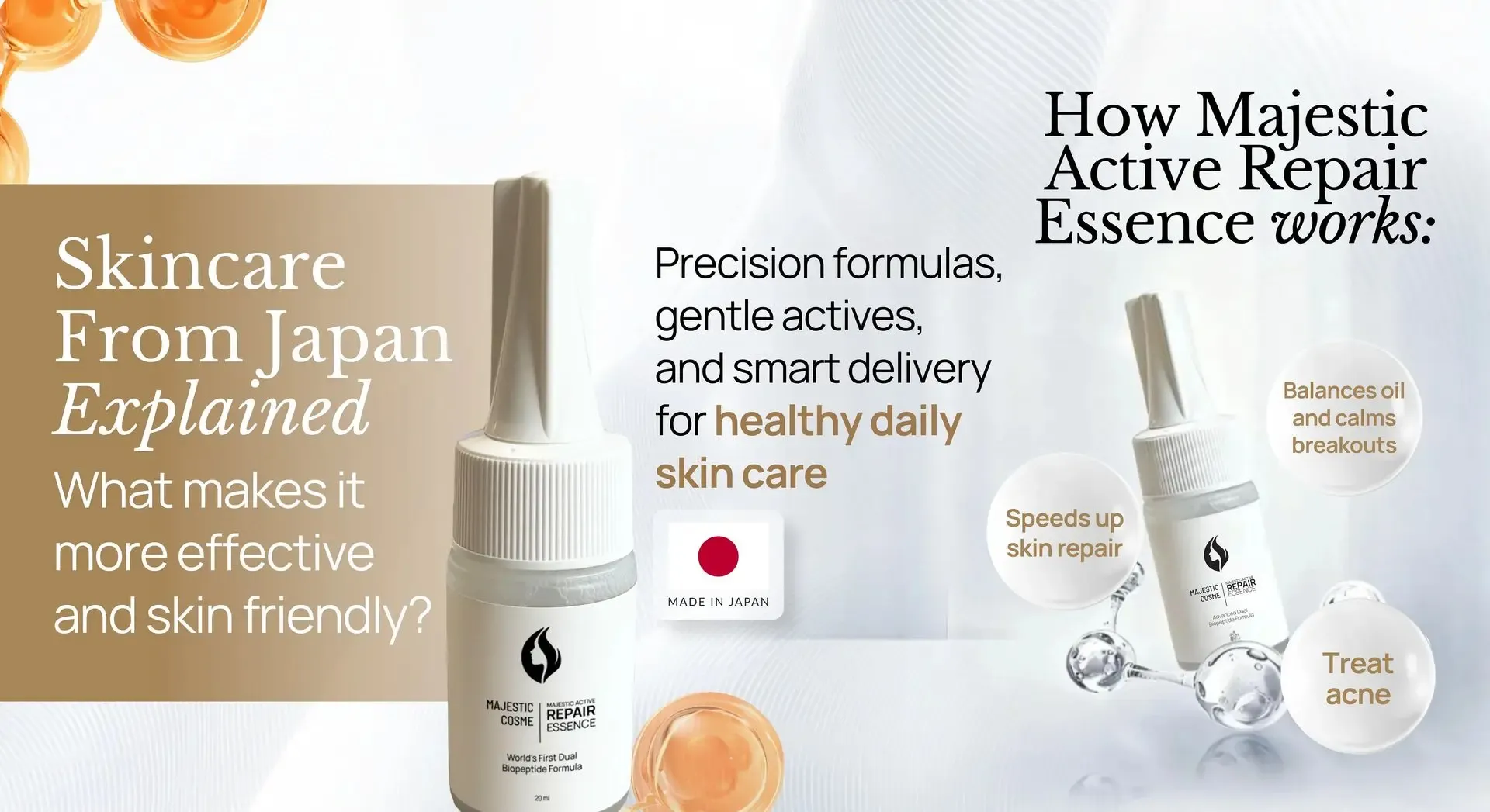 Majestic Active Repair Essence skincare from japan with advanced skincare peptide nano-technology for effective gentle recovery