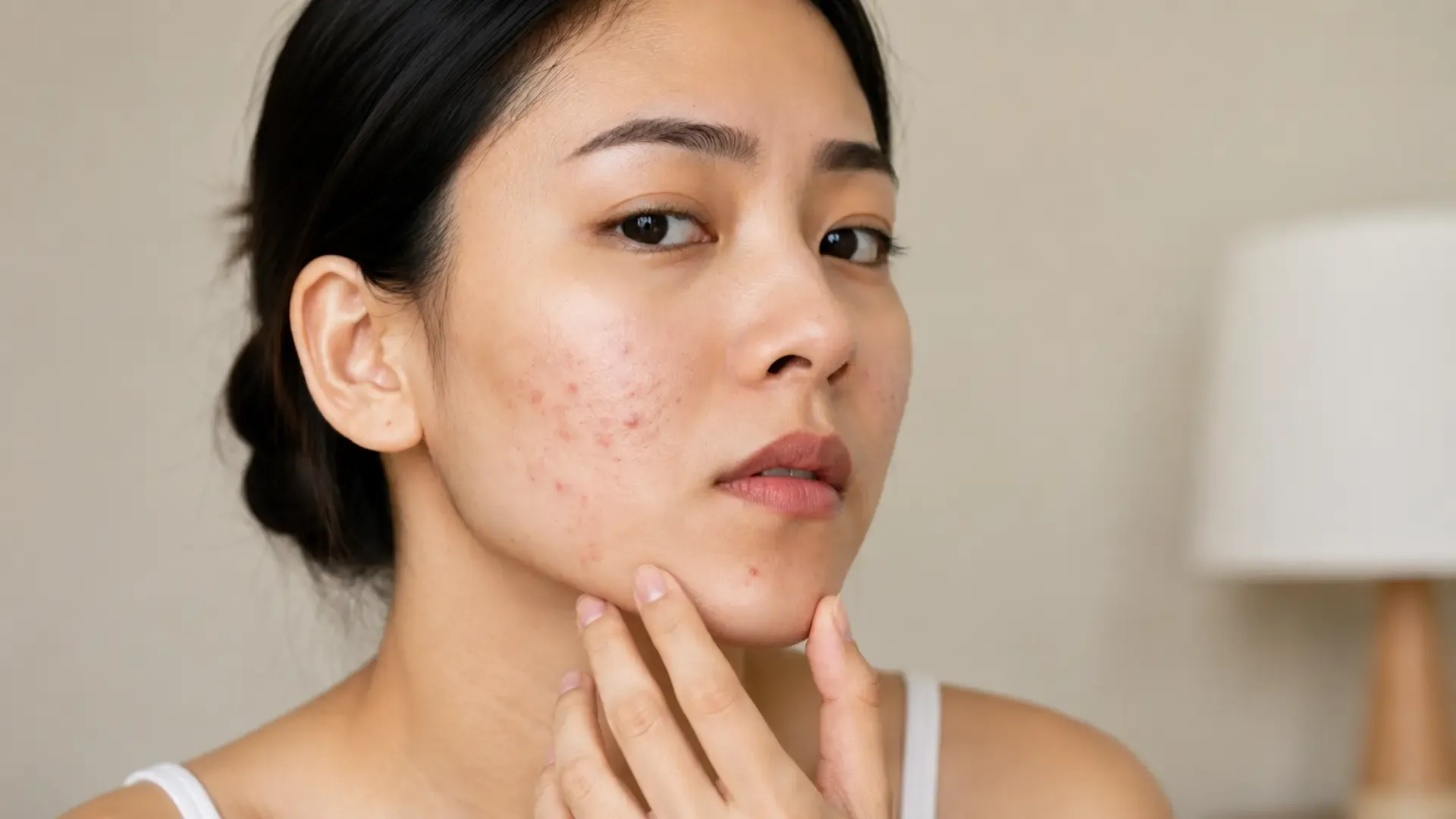 Infographic comparing cheek acne caused by friction with chin acne caused by hormonal fluctuations alongside Majestic Cosme biopeptide treatment