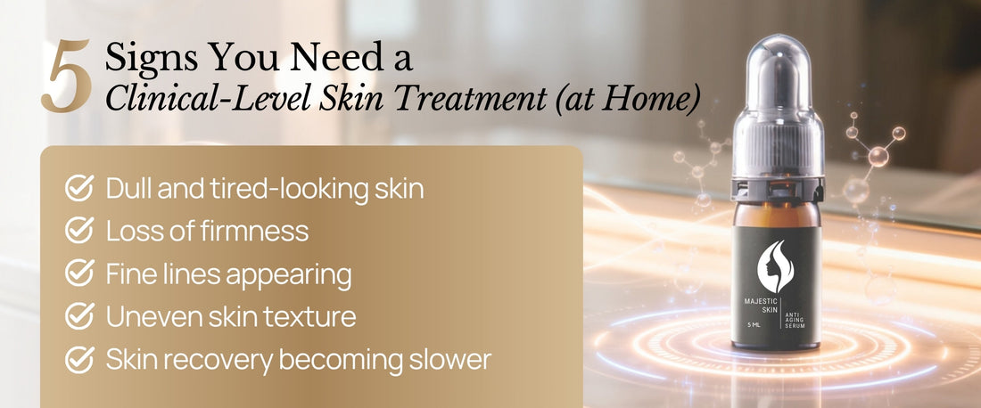 Woman applying Majestic Skin clinical-level stem cell serum at home showing signs of aging treatment without invasive procedures