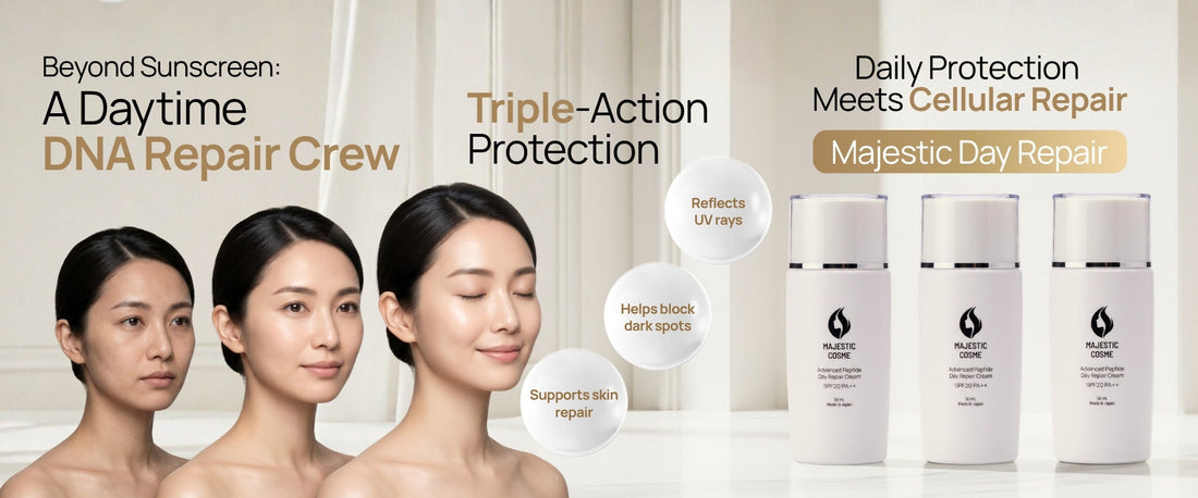 Majestic Day Repair Cream triple-action DNA repair crew for age spots and dark spots with Japanese Mineral Shield, ASP signal interceptor, and Human-Type HSP cellular restoration
