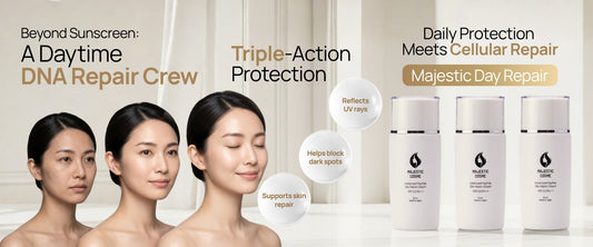 Majestic Day Repair Cream triple-action DNA repair crew for age spots and dark spots with Japanese Mineral Shield, ASP signal interceptor, and Human-Type HSP cellular restoration